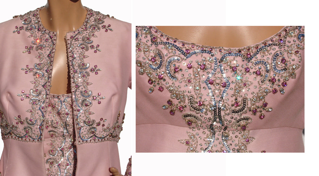 Vintage 60s Evening Gown with Matching Coat Beaded Pink Shantung Silk Medium - Poppy's Vintage Clothing