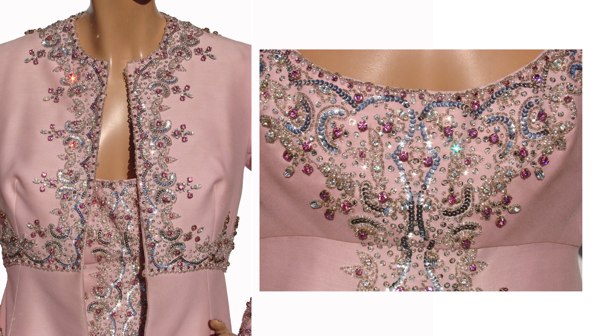 Vintage 60s Evening Gown with Matching Coat Beaded Pink Shantung Silk Medium - Poppy's Vintage Clothing