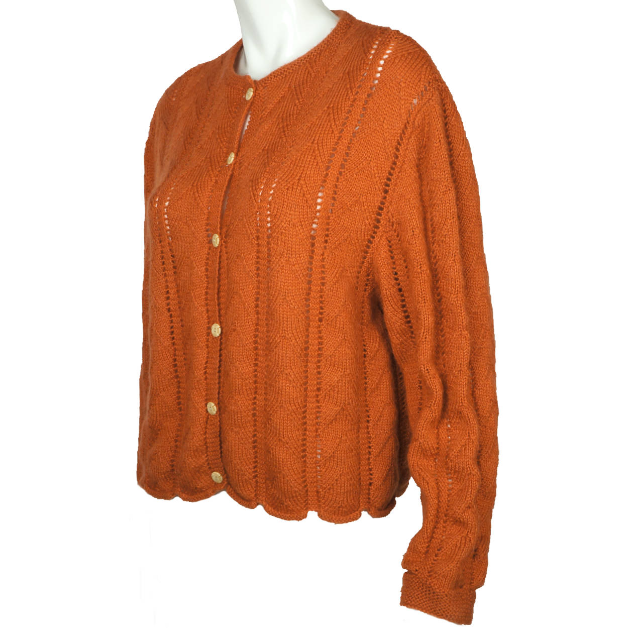 Vintage Hand Knit Sweater Cardigan Style 1960s Rust Brown Wool Ladies Size L - Poppy's Vintage Clothing