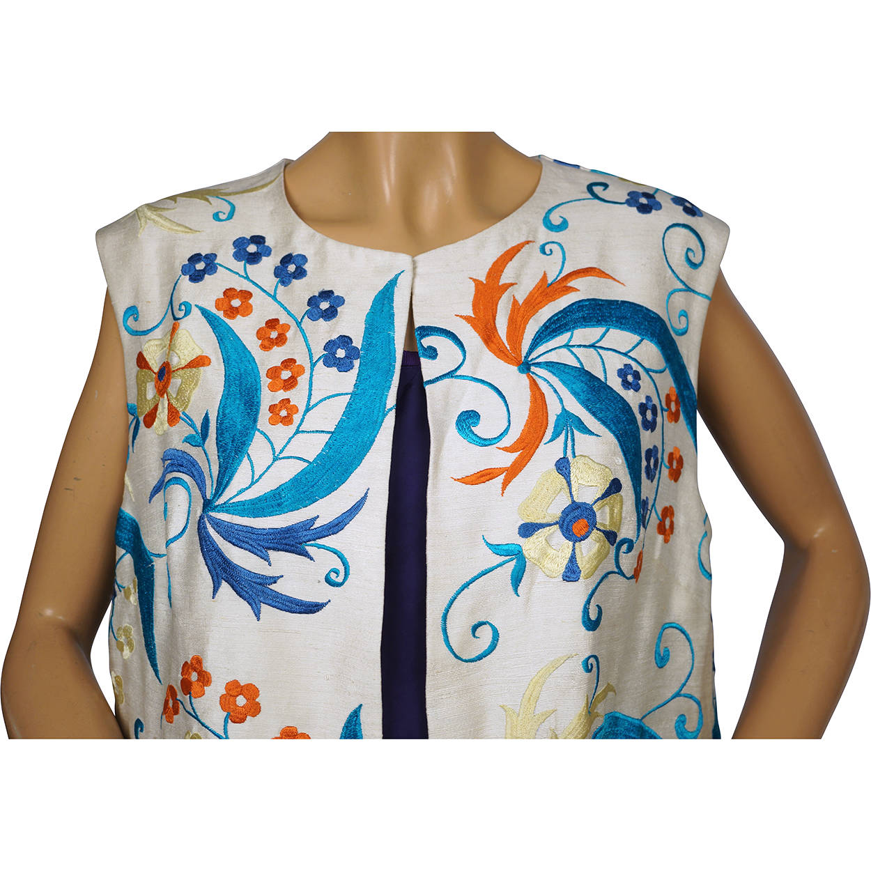 Vintage 1970s Sabina of India Embroidered Silk Long Vest Lord &amp; Taylor Size 16 - Poppy's Vintage Clothing