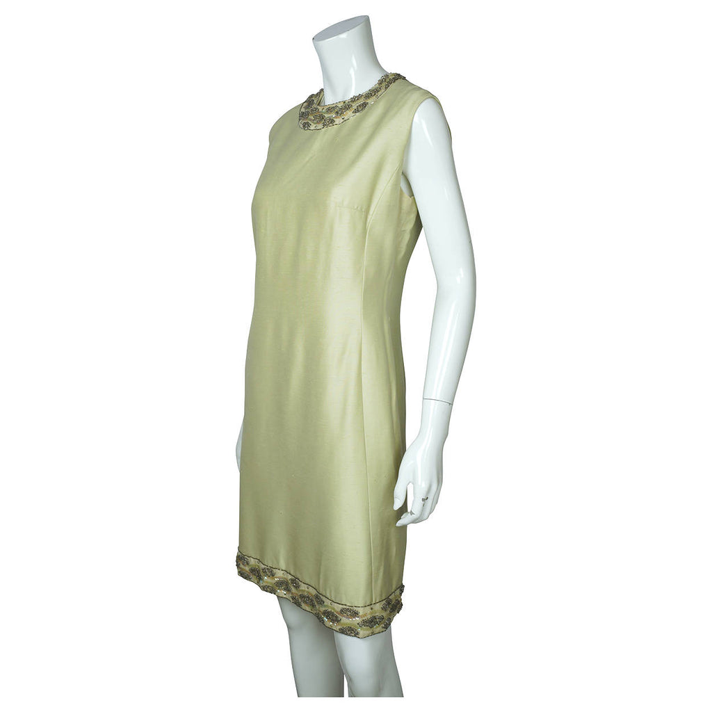 Vintage 1960s Beaded Silk Dress &amp; Coat Set Light Green Custom Made Size L XL - Poppy's Vintage Clothing
