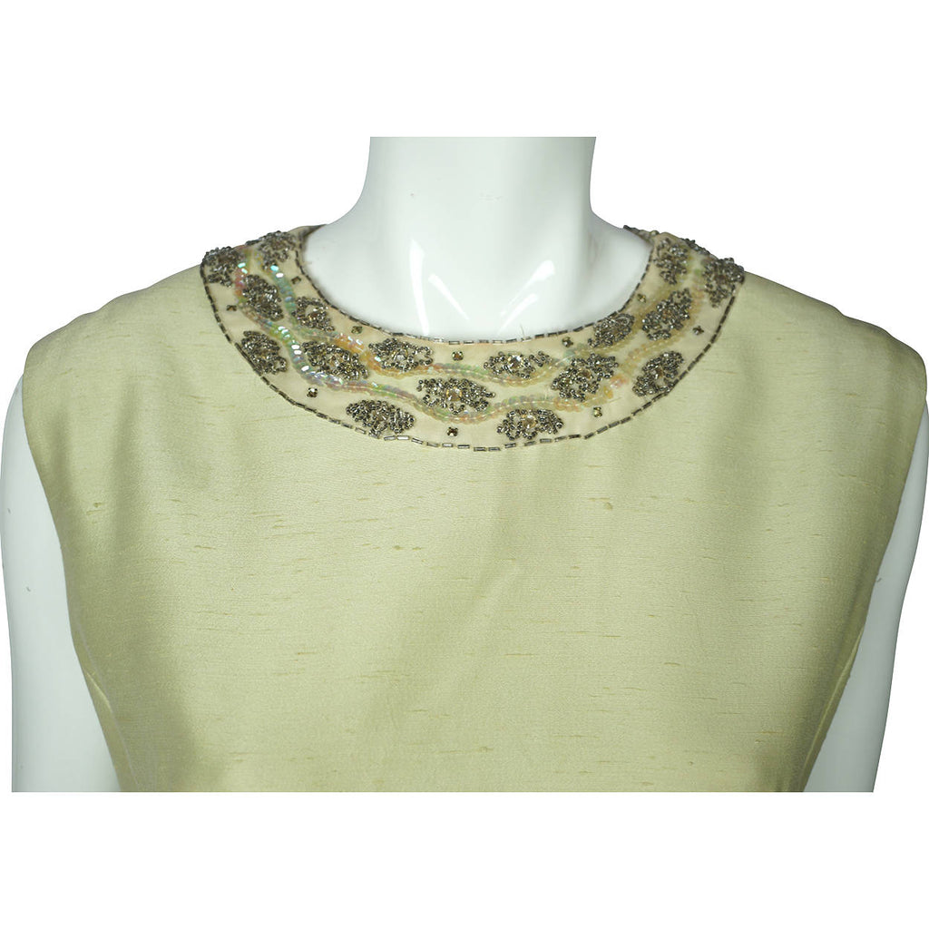 Vintage 1960s Beaded Silk Dress &amp; Coat Set Light Green Custom Made Size L XL - Poppy's Vintage Clothing