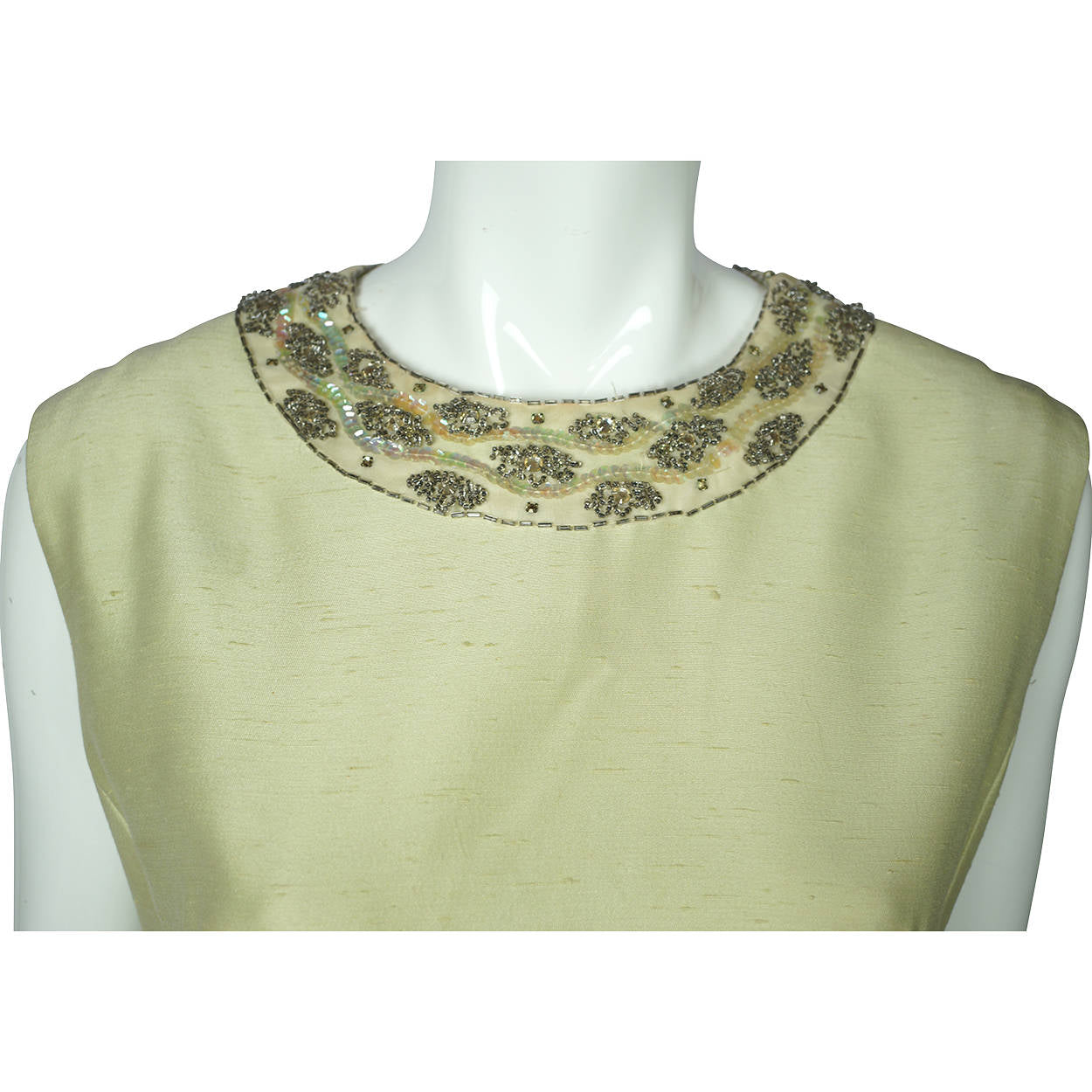 Vintage 1960s Beaded Silk Dress &amp; Coat Set Light Green Custom Made Size L XL - Poppy's Vintage Clothing