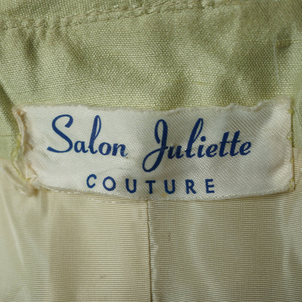 Vintage 1960s Beaded Silk Dress &amp; Coat Set Light Green Custom Made Size L XL - Poppy's Vintage Clothing