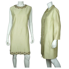 Vintage 1960s Beaded Silk Dress &amp; Coat Set Light Green Custom Made Size L XL - Poppy's Vintage Clothing