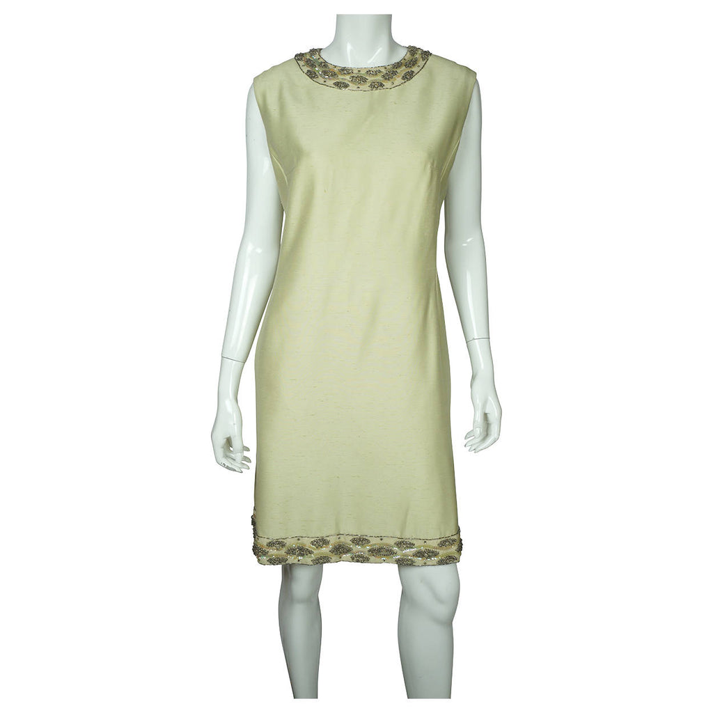 Vintage 1960s Beaded Silk Dress &amp; Coat Set Light Green Custom Made Size L XL - Poppy's Vintage Clothing
