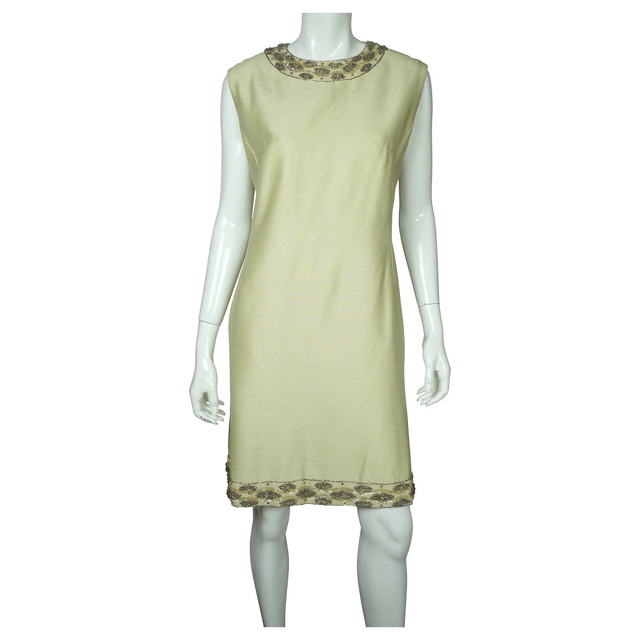 Vintage 1960s Beaded Silk Dress &amp; Coat Set Light Green Custom Made Size L XL - Poppy's Vintage Clothing