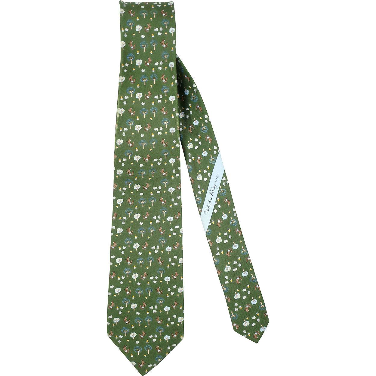 Vintage Salvatore Ferragamo Green Silk Tie Fox and Sheep Pattern