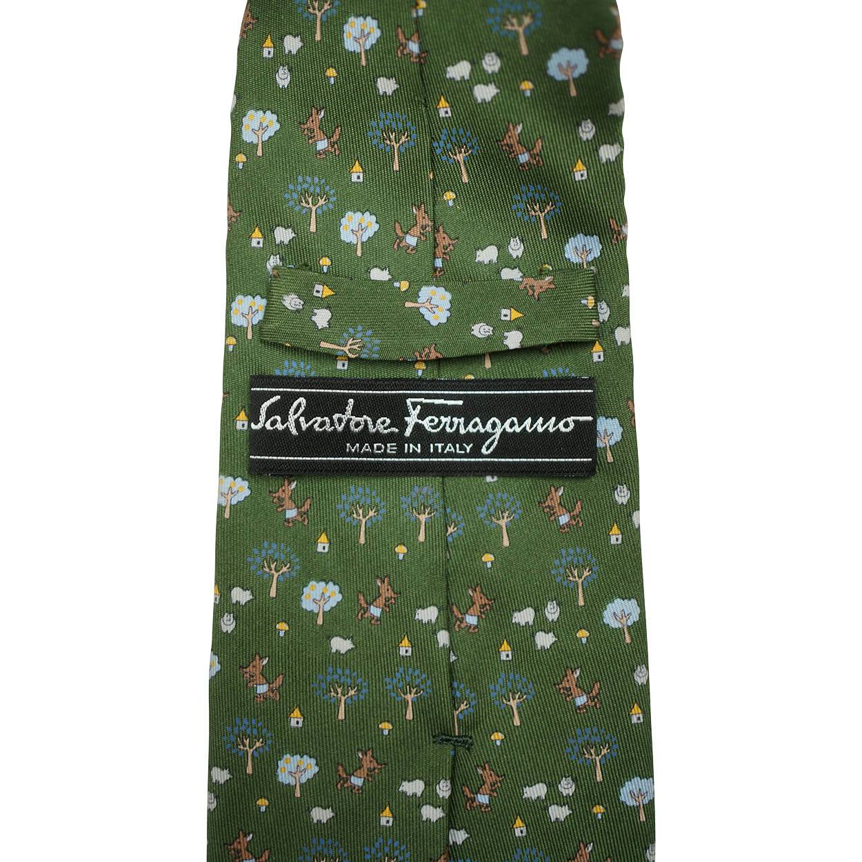 Vintage Salvatore Ferragamo Green Silk Tie Fox and Sheep Pattern Necktie - Poppy's Vintage Clothing