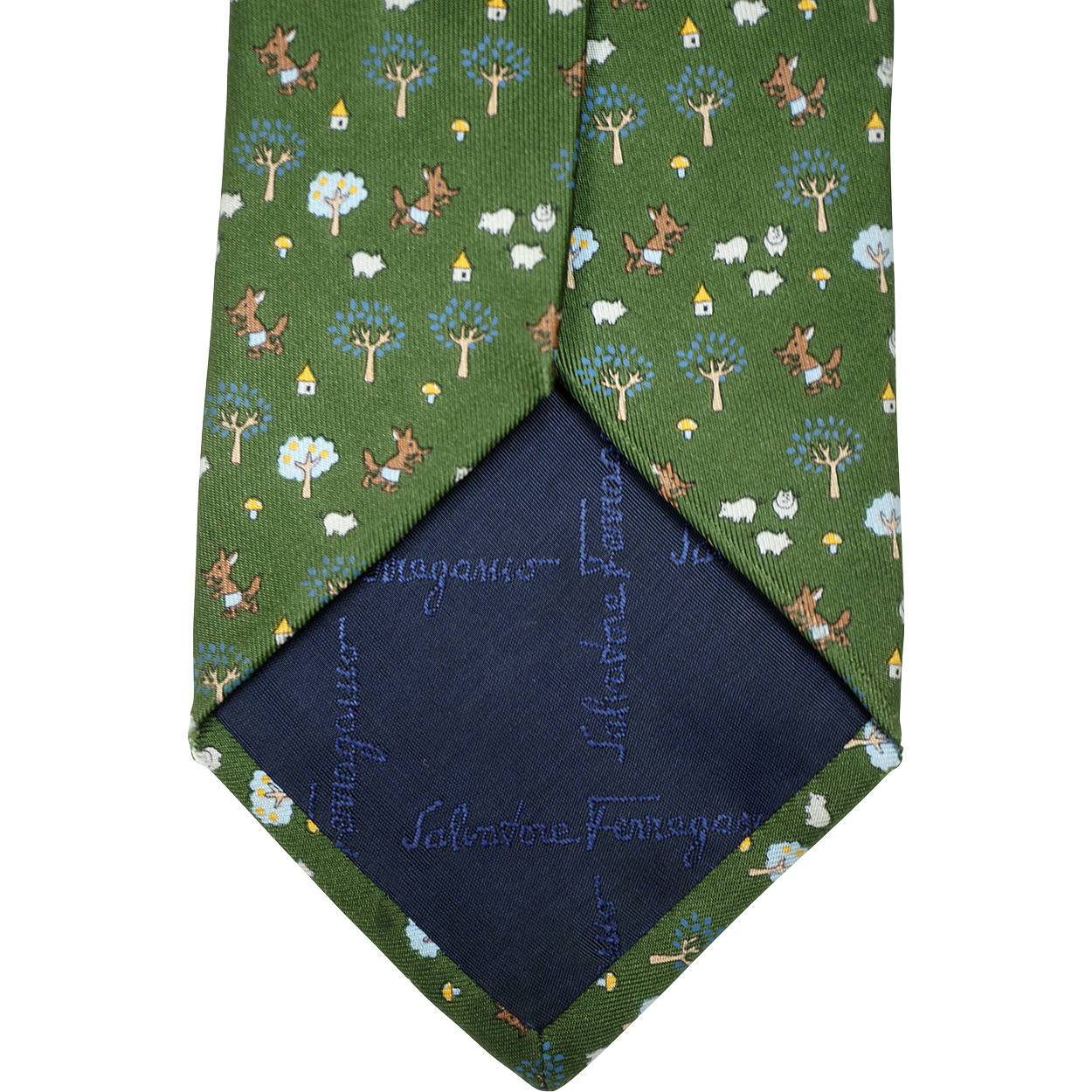 Vintage Salvatore Ferragamo Green Silk Tie Fox and Sheep Pattern