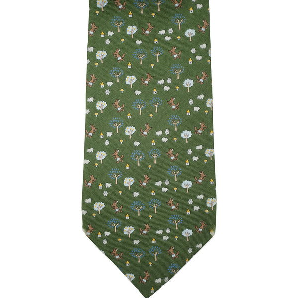 Vintage Salvatore Ferragamo Green Silk Tie Fox and Sheep Pattern Necktie - Poppy's Vintage Clothing