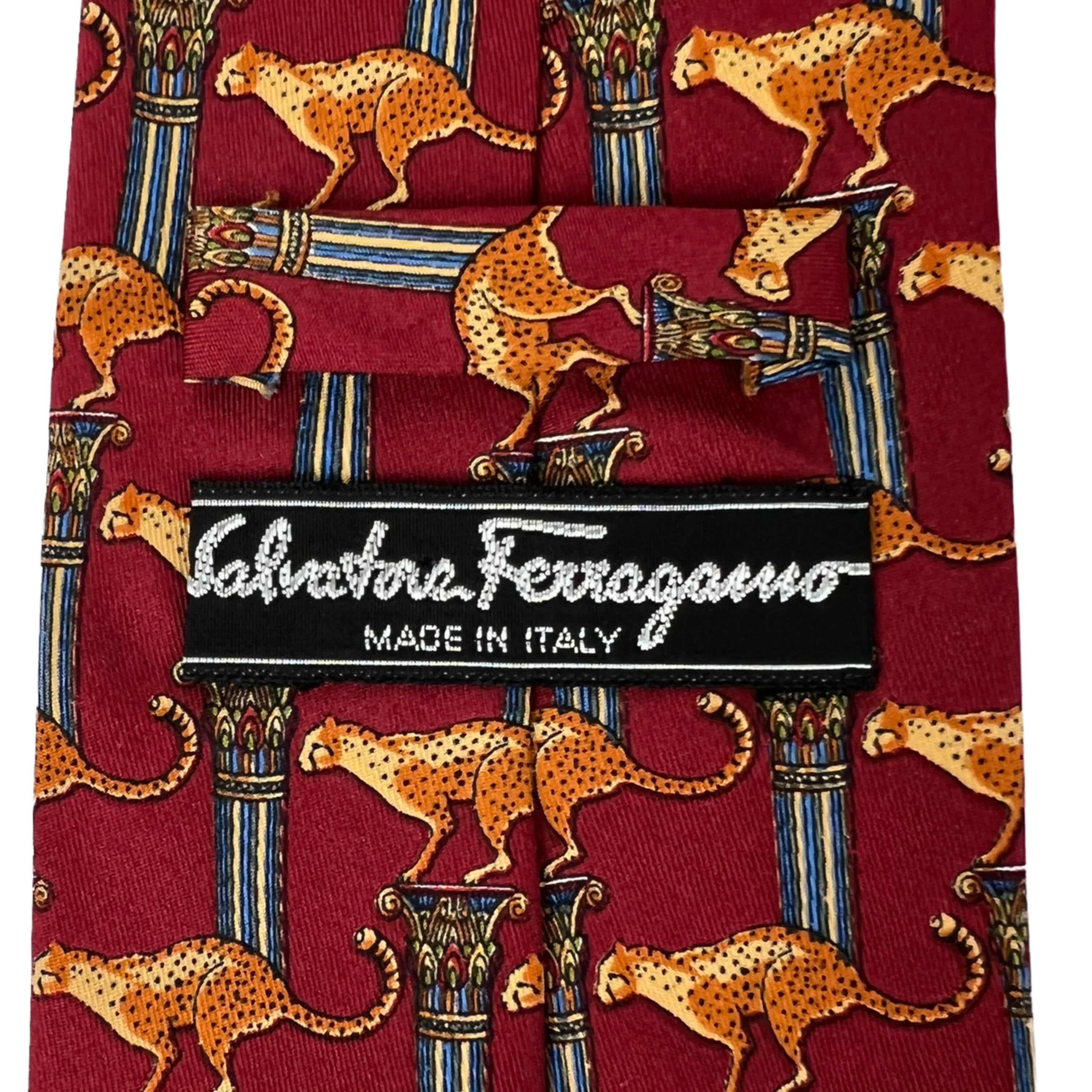 Vintage Salvatore Ferragamo Silk Tie Leopard Pattern Necktie