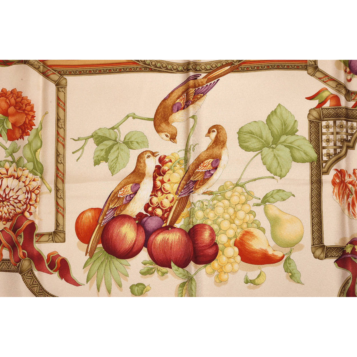 Salvatore Ferragamo Birds and Fruit Silk Twill Scarf 34” Square Made in Italy - Poppy's Vintage Clothing
