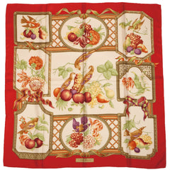 Salvatore Ferragamo Birds and Fruit Silk Twill Scarf 34” Square Made in Italy - Poppy's Vintage Clothing