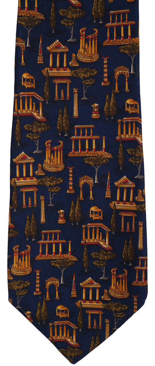Salvatore Ferragamo Silk Tie Greek Architecture Pattern Mens Necktie - Poppy's Vintage Clothing