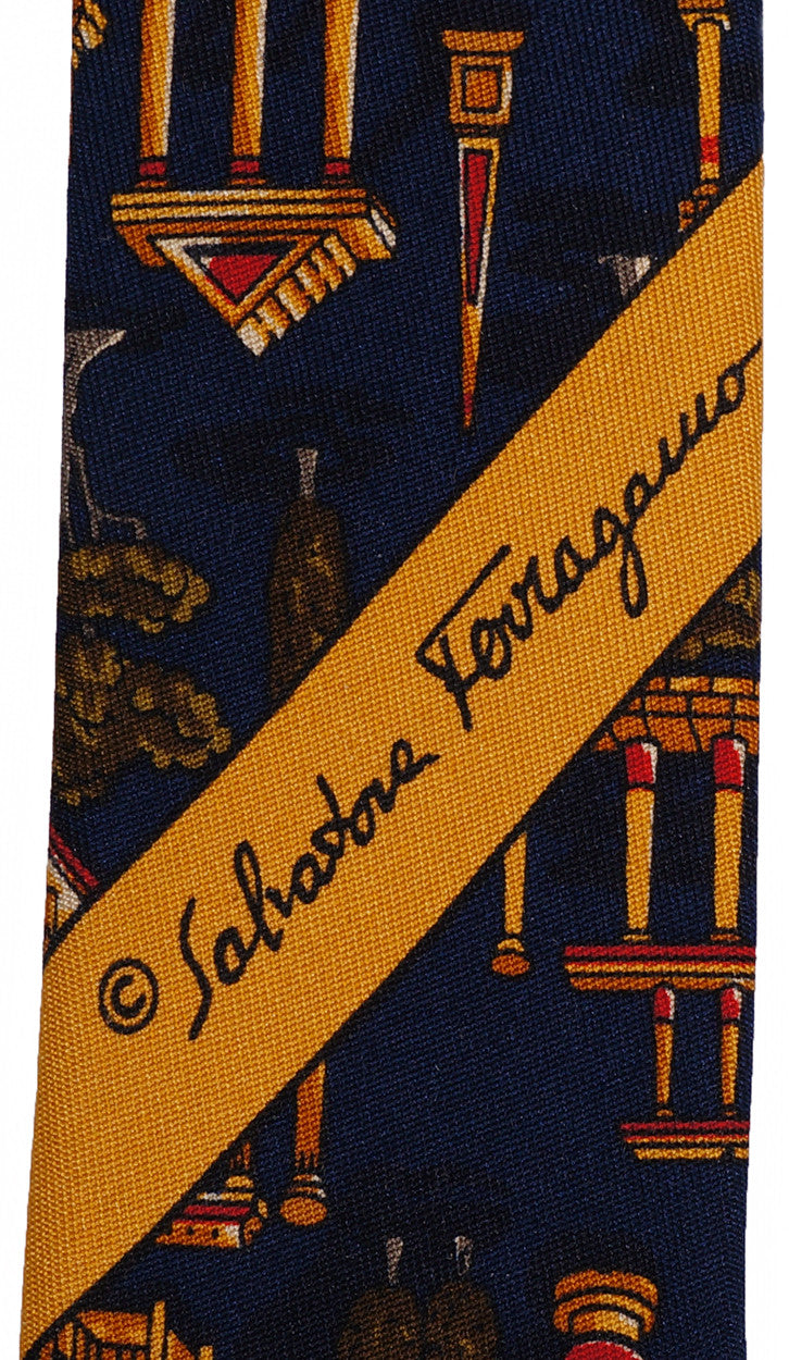 Salvatore Ferragamo Silk Tie Greek Architecture Pattern Mens Necktie - Poppy's Vintage Clothing