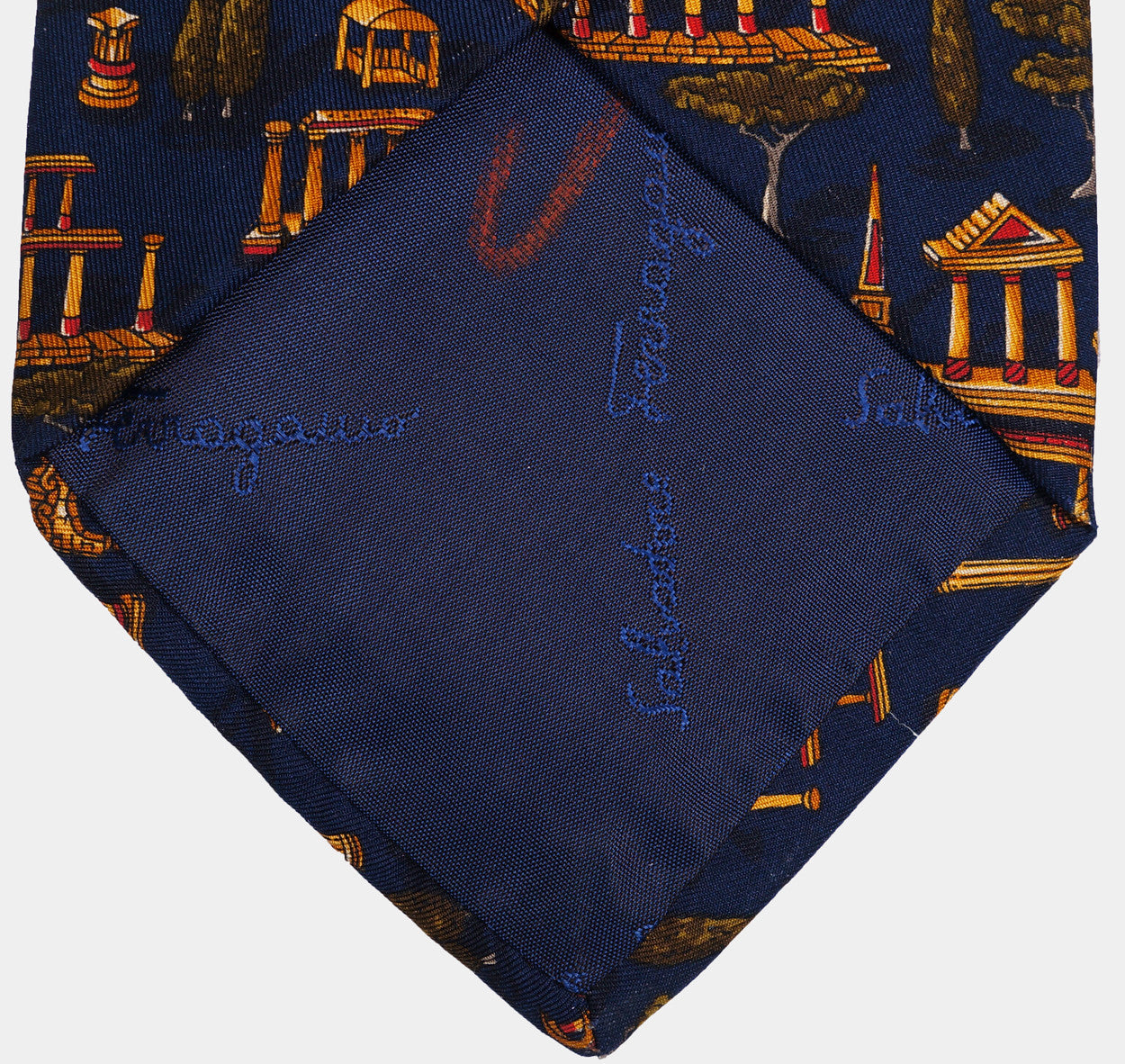 Salvatore Ferragamo Silk Tie Greek Architecture Pattern Mens Necktie - Poppy's Vintage Clothing