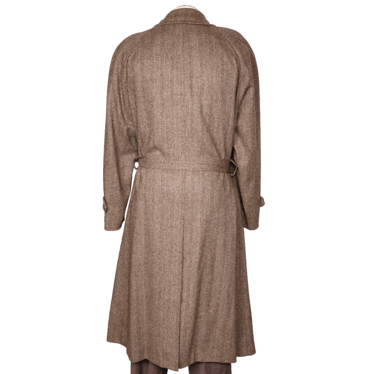 Vintage Mens Herringbone Tweed Coat Brown Trench Coat Style Samuelsohn 46 Tall - Poppy's Vintage Clothing