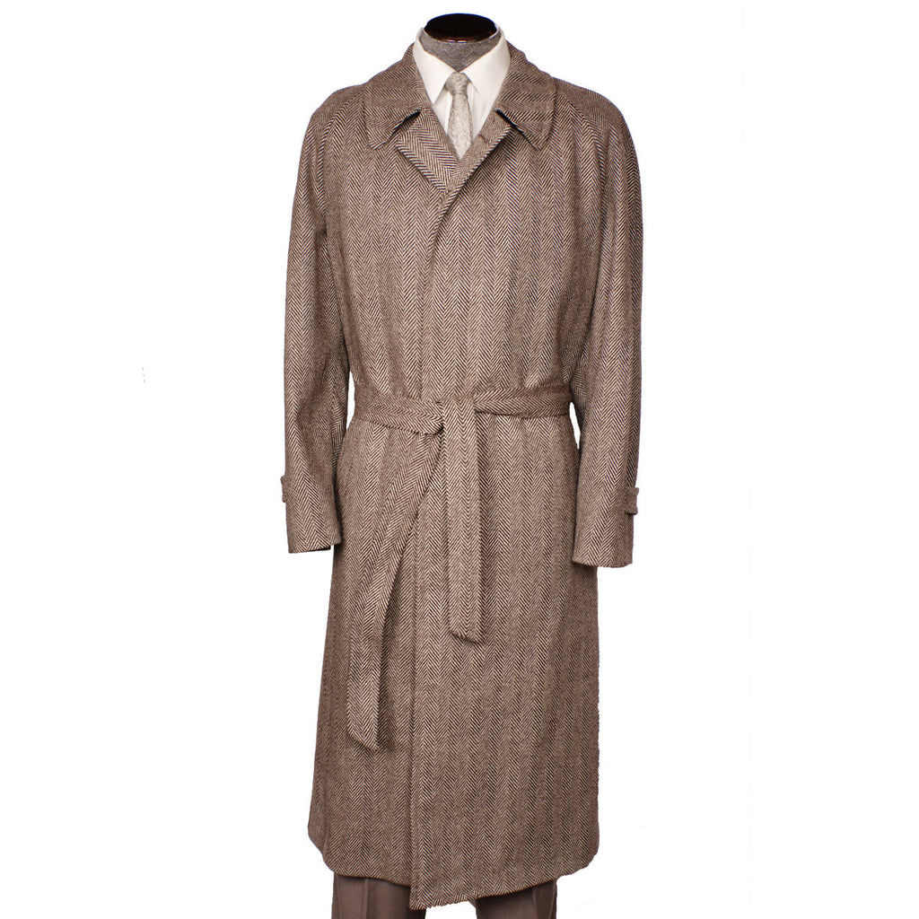 Vintage Mens Herringbone Tweed Coat Brown Trench Coat Style Samuelsohn 46 Tall - Poppy's Vintage Clothing