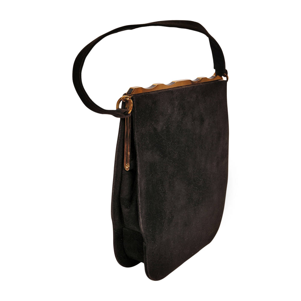 Vintage Schiaparelli Paris Purse 1950s Black Antelope Suede Handbag - Poppy's Vintage Clothing