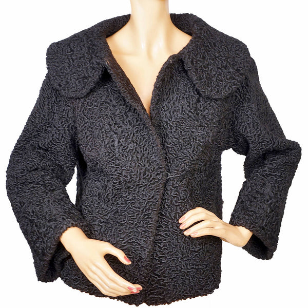 Vintage Schiaparelli Paris Black Curly Lamb Fur Jacket 1950s Glamour