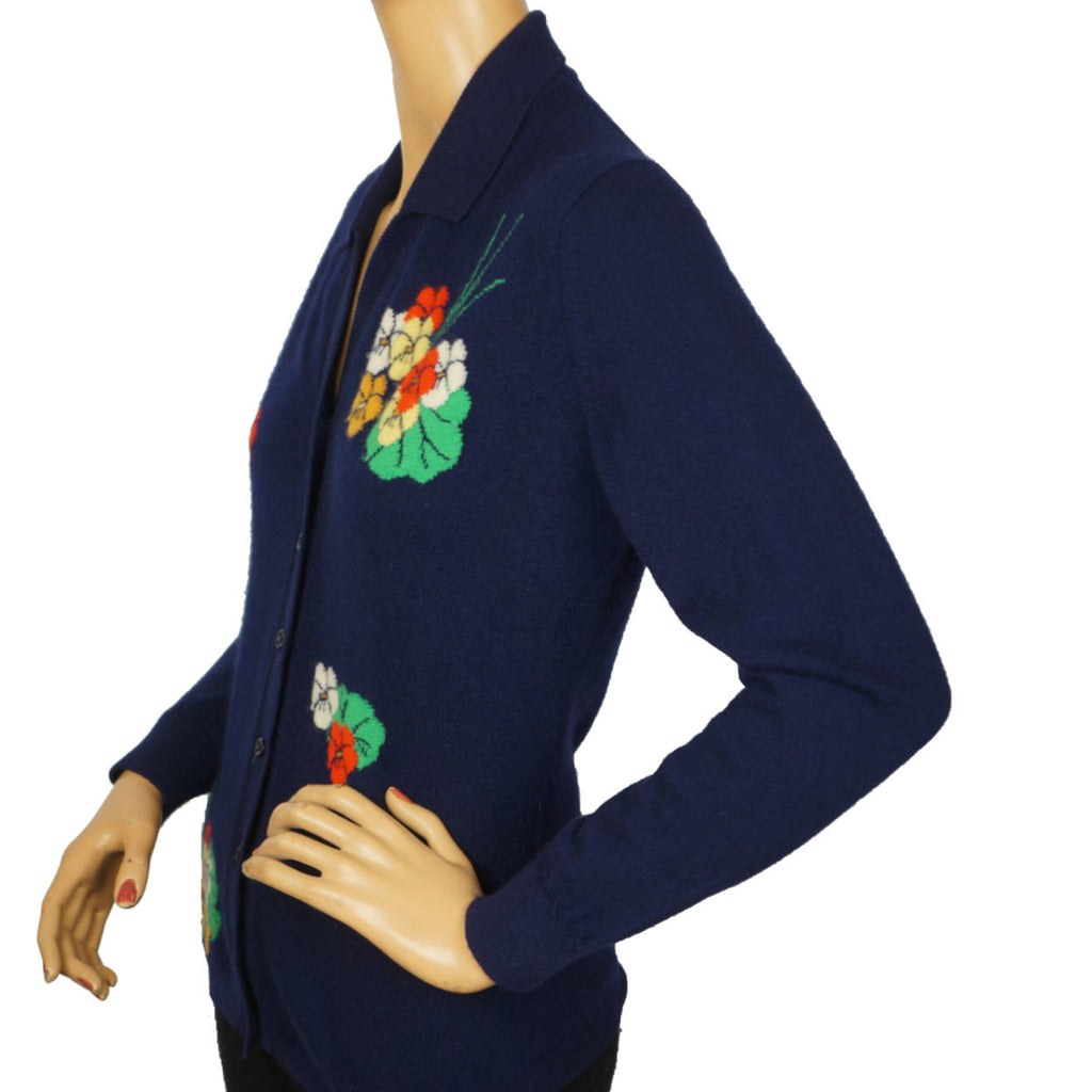 Vintage 1960s Scottish Cashmere Sweater with Pansy Flower Intarsia Pattern M - Poppy's Vintage Clothing
