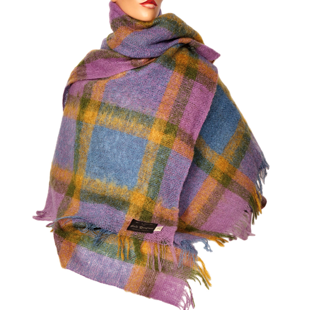 Vintage Scottish Mohair Shawl Plaid Throw Blanket Holt Renfrew 54” x 68” - Poppy's Vintage Clothing