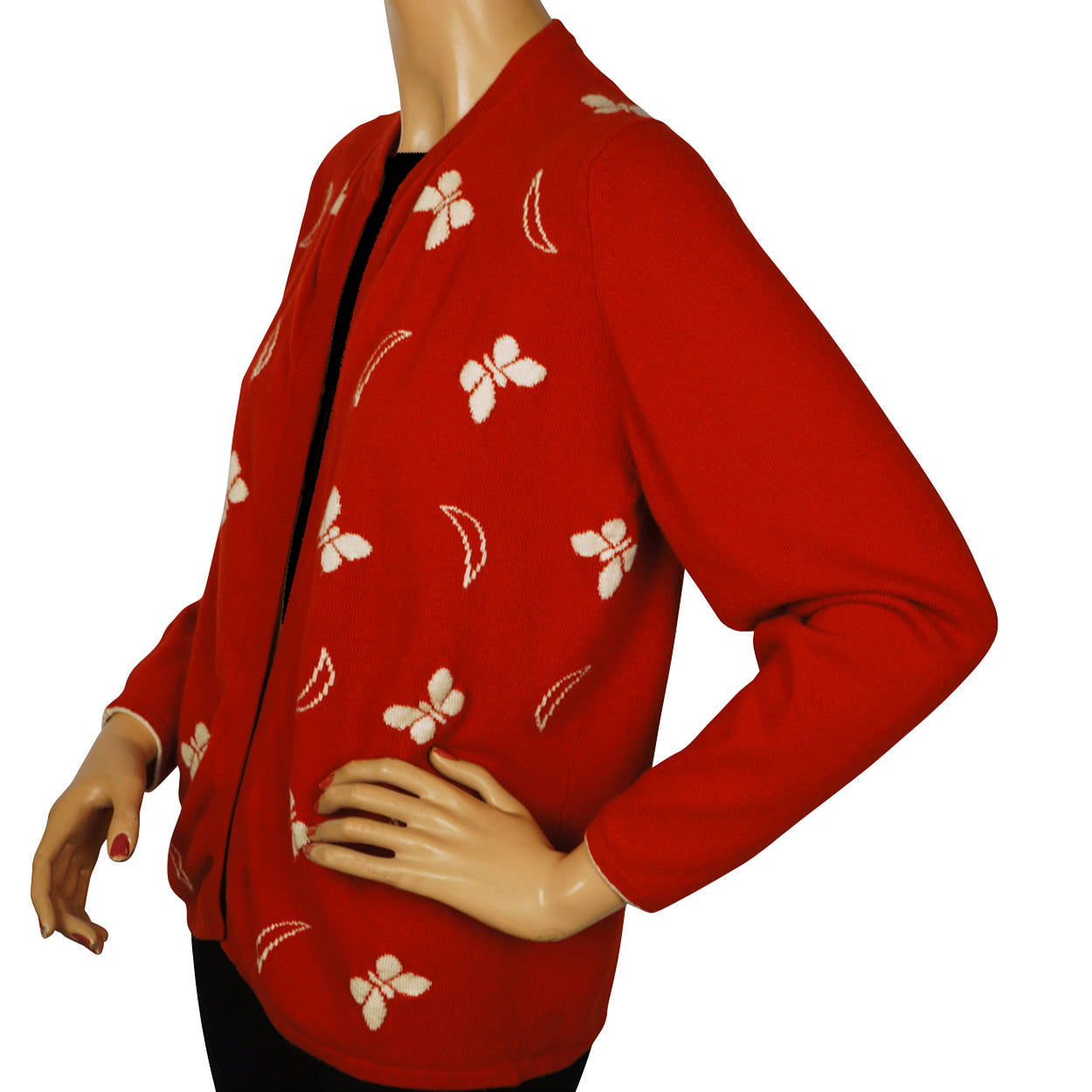 Vintage 1960s Red Scottish Cashmere Sweater with Butterfly Pattern Ladies M - Poppy's Vintage Clothing