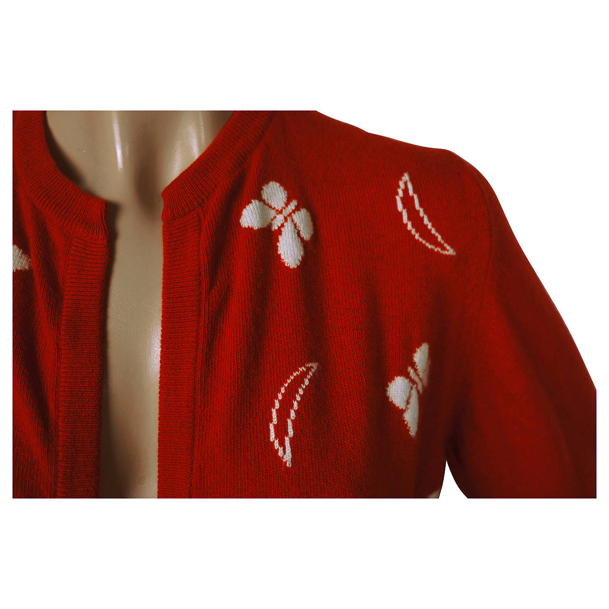 Vintage 1960s Red Scottish Cashmere Sweater with Butterfly Pattern Ladies M - Poppy's Vintage Clothing