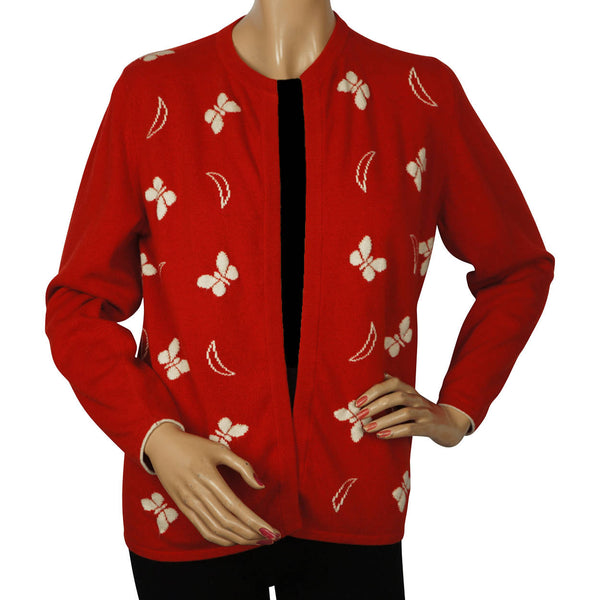Vintage 1960s Red Scottish Cashmere Sweater with Butterfly Pattern Ladies M - Poppy's Vintage Clothing