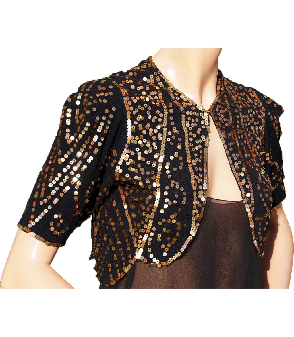 Vintage 30s Gold Sequin Bolero Jacket - 1930s Evening Sequined Black Silk Crepe S - Poppy's Vintage Clothing