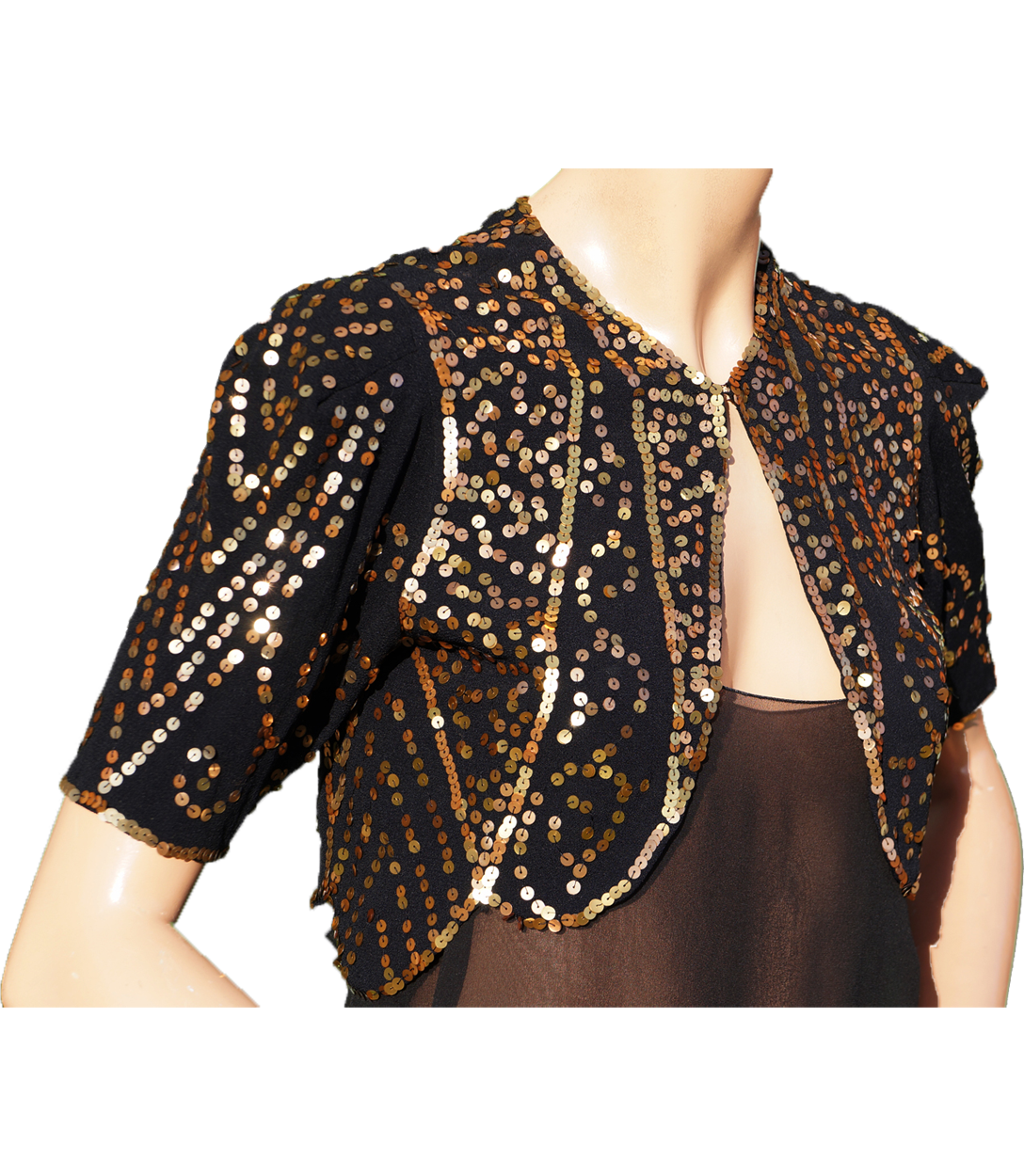 Vintage 30s Gold Sequin Bolero Jacket - 1930s Evening Sequined Black Silk Crepe S - Poppy's Vintage Clothing