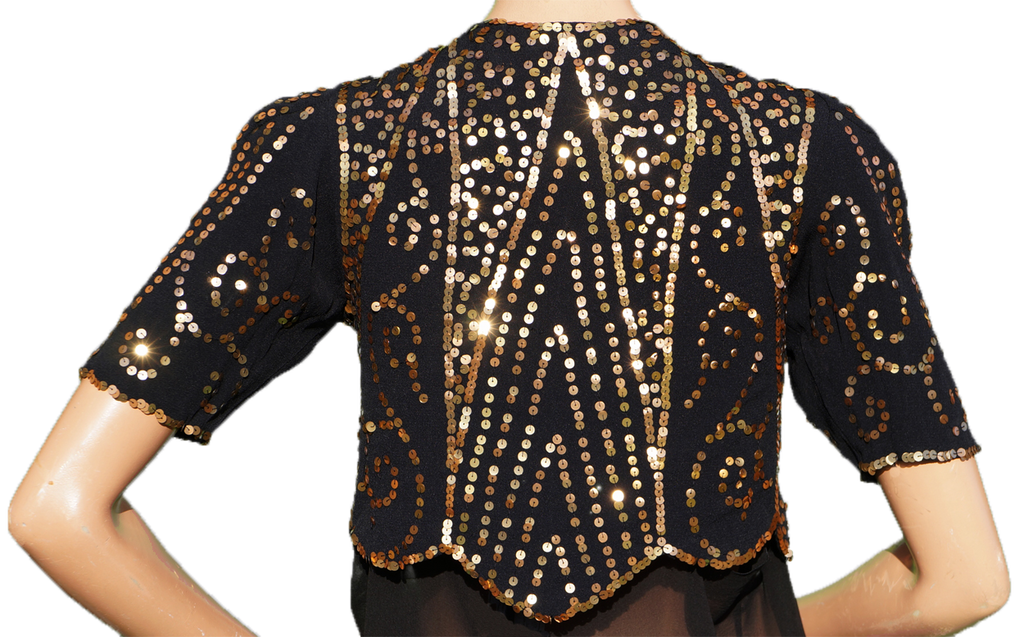 Vintage 30s Gold Sequin Bolero Jacket - 1930s Evening Sequined Black Silk Crepe S - Poppy's Vintage Clothing