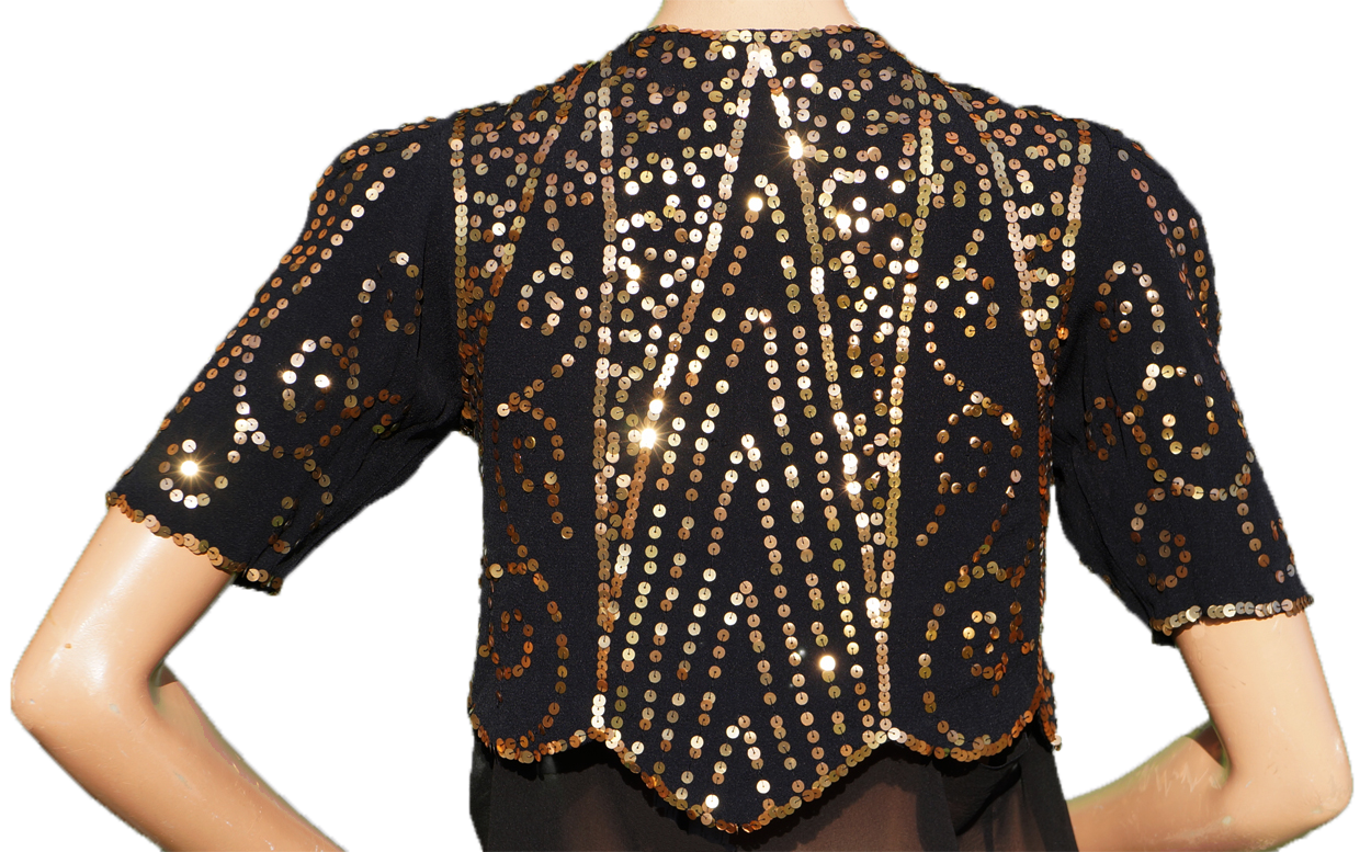Vintage 30s Gold Sequin Bolero Jacket - 1930s Evening Sequined Black Silk Crepe S - Poppy's Vintage Clothing