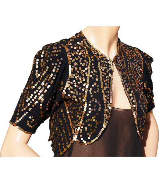 Vintage 30s Gold Sequin Bolero Jacket - 1930s Evening Sequined Black Silk Crepe S - Poppy's Vintage Clothing