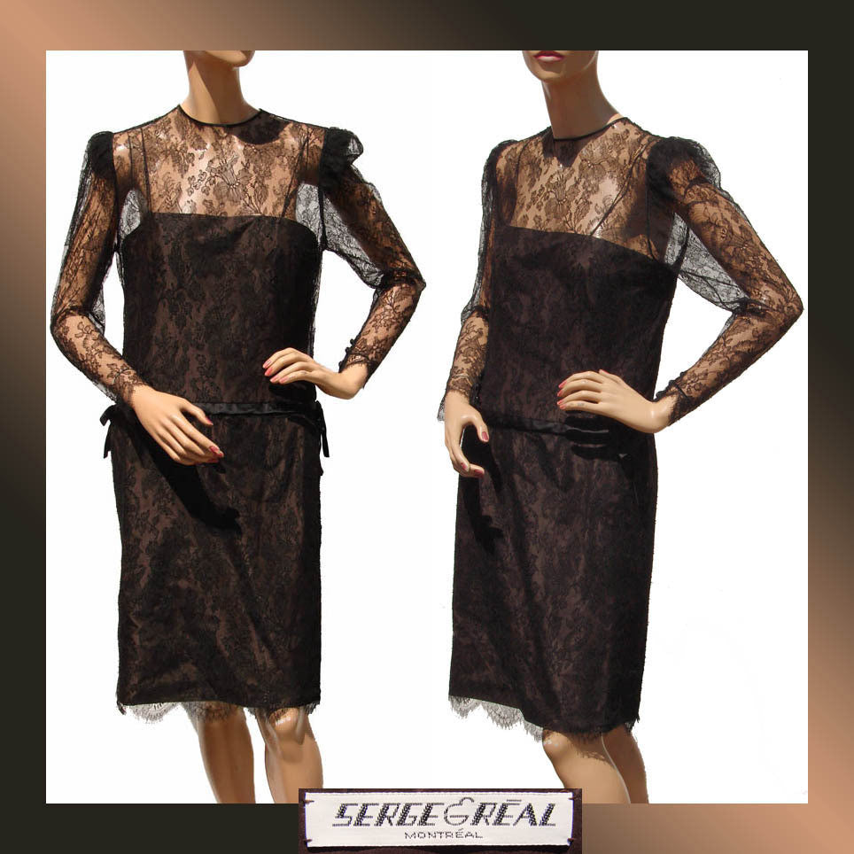 1980s Vintage Cocktail Dress by Serge et Real Montreal in Brown Lace - Poppy's Vintage Clothing