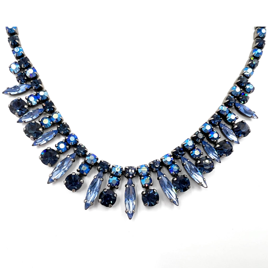 1960s Vintage Sherman Rhinestone Necklace Blue Tones 16”