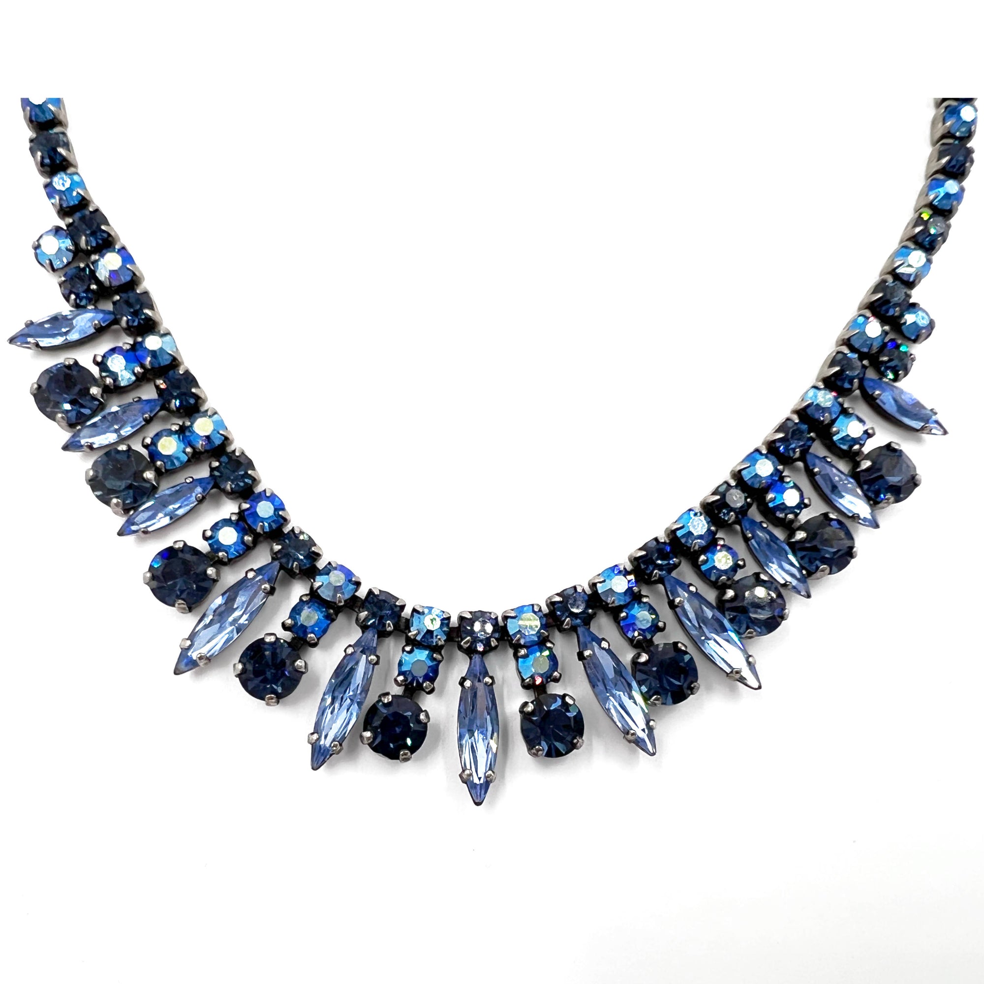 1960s Vintage Sherman Rhinestone Necklace Blue Tones 16”