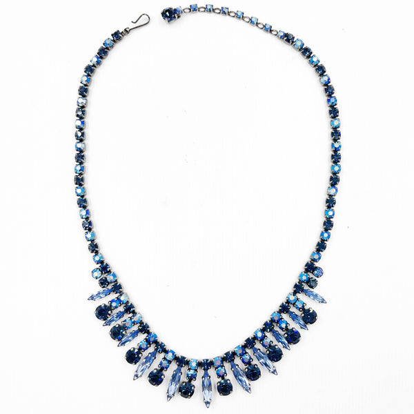 1960s Vintage Sherman Rhinestone Necklace Blue Tones 16”