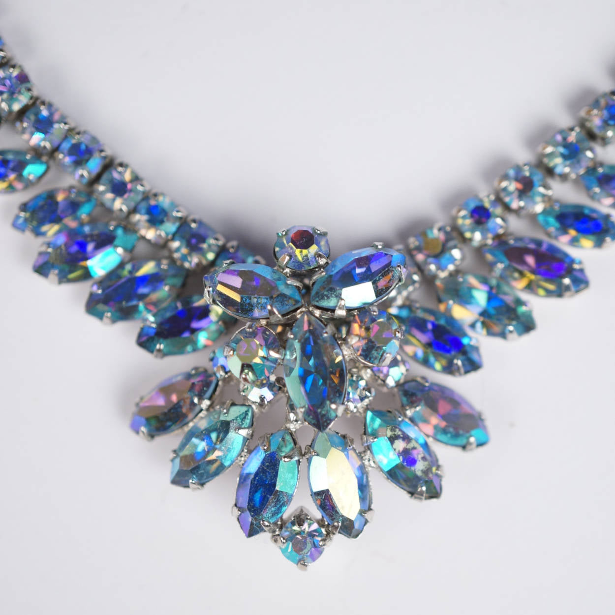 Vintage 1950s Sherman Necklace Aurora Blue Rhinestone AB 17 Inch - Poppy's Vintage Clothing