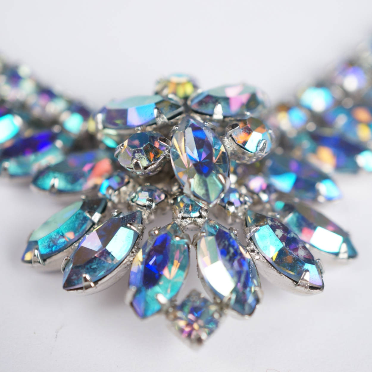 Vintage 1950s Sherman Necklace Aurora Blue Rhinestone AB 17 Inch - Poppy's Vintage Clothing
