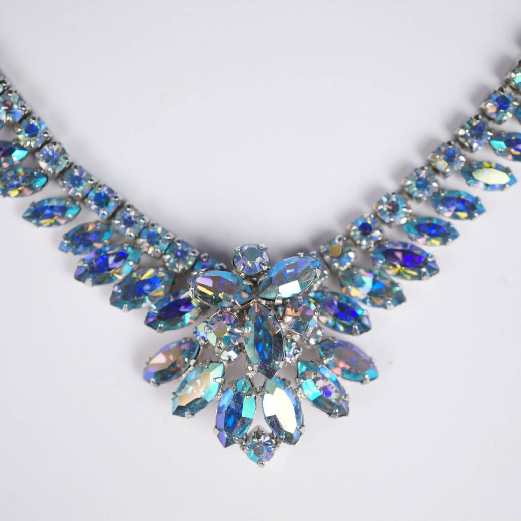 Vintage 1950s Sherman Necklace Aurora Blue Rhinestone AB 17 Inch - Poppy's Vintage Clothing