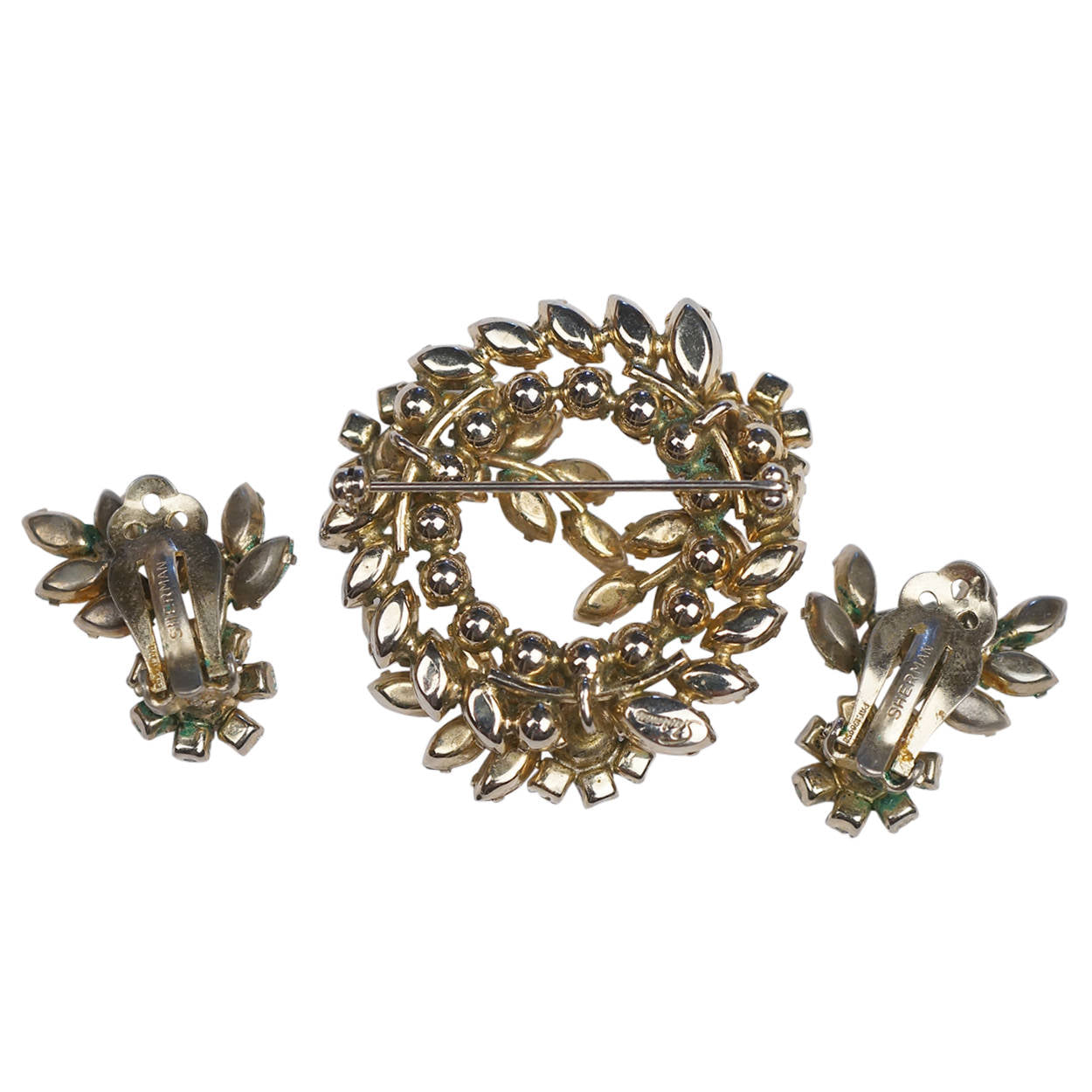 Vintage 1950s Sherman AB Rhinestone Brooch &amp; Earrings Aurora Demi Parure Signed - Poppy's Vintage Clothing