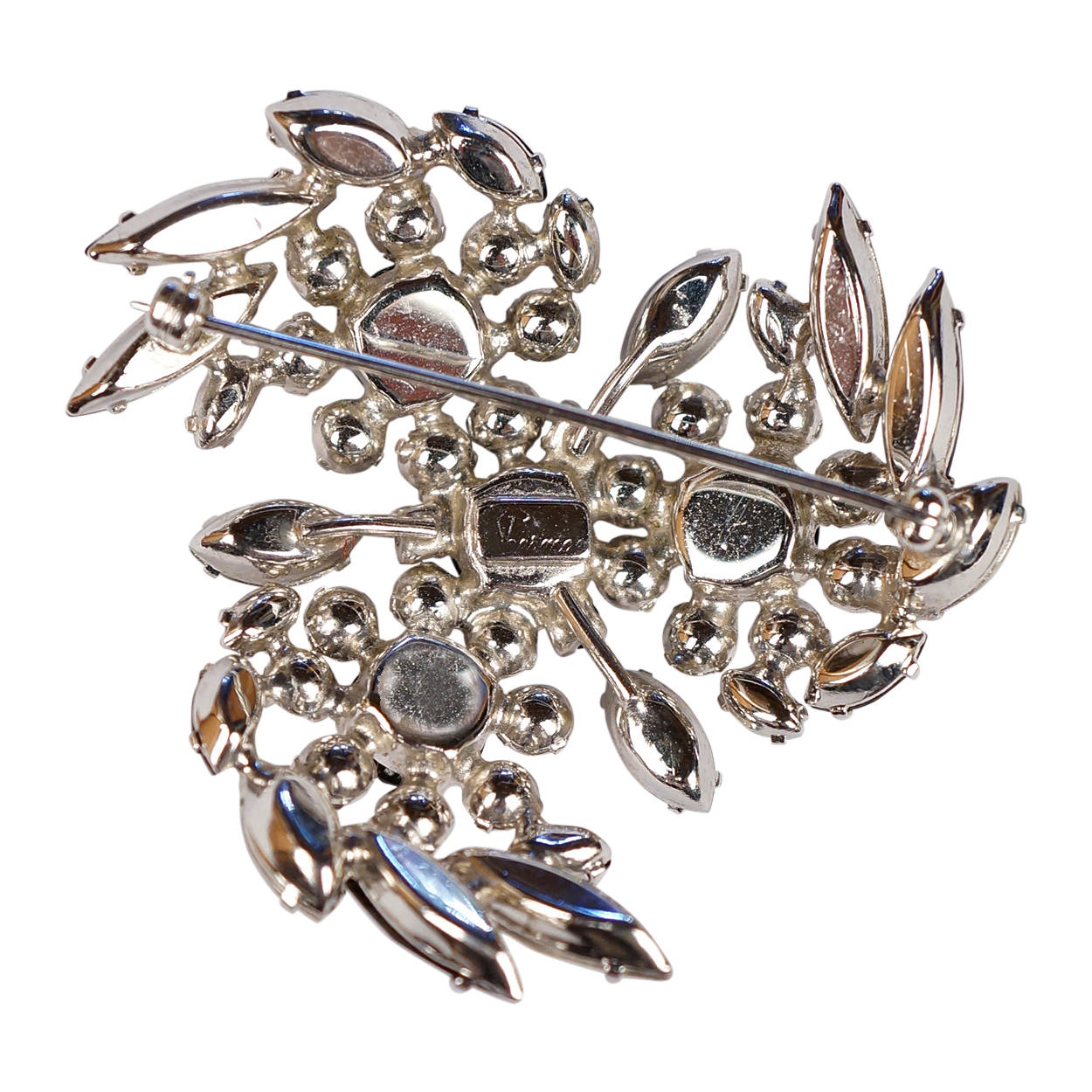 Vintage 1960s Sherman Rhinestone Brooch Black & Clear Floral Swirls Signed - Poppy's Vintage Clothing