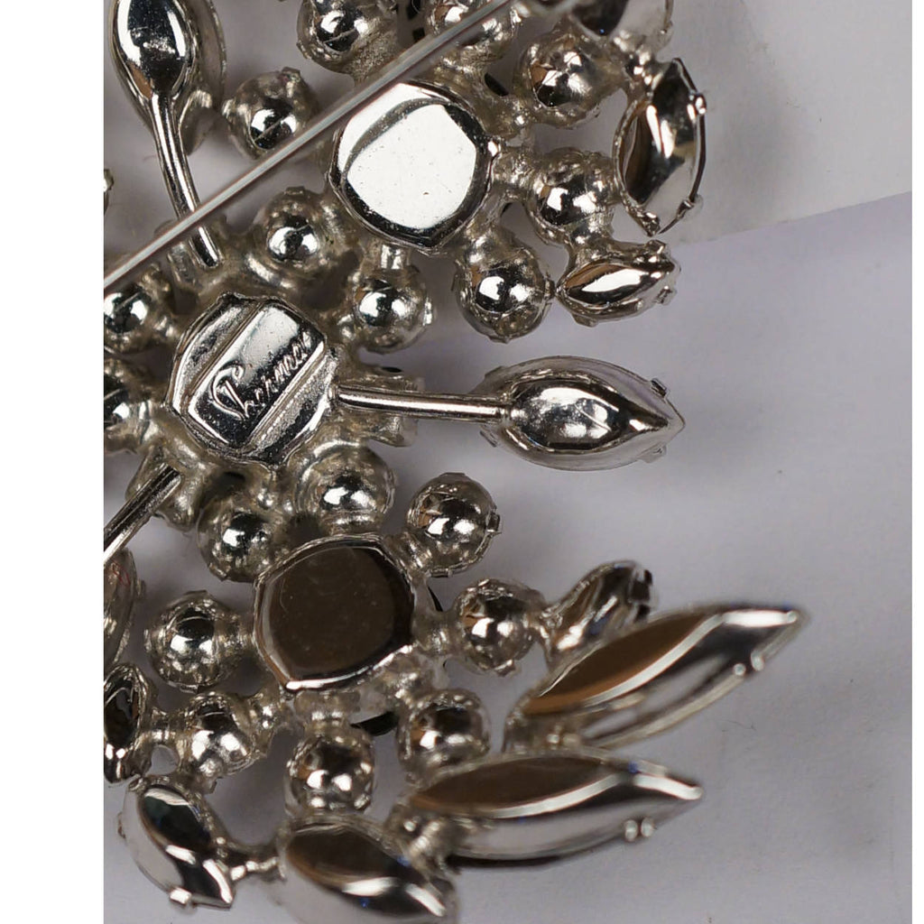 Vintage 1960s Sherman Rhinestone Brooch Black & Clear Floral Swirls Signed - Poppy's Vintage Clothing