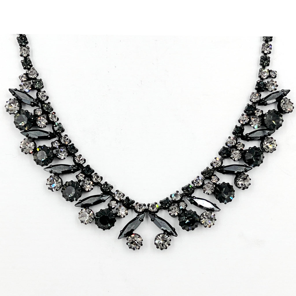 60s Vintage Sherman Rhinestone Necklace Black & Crystal 16”