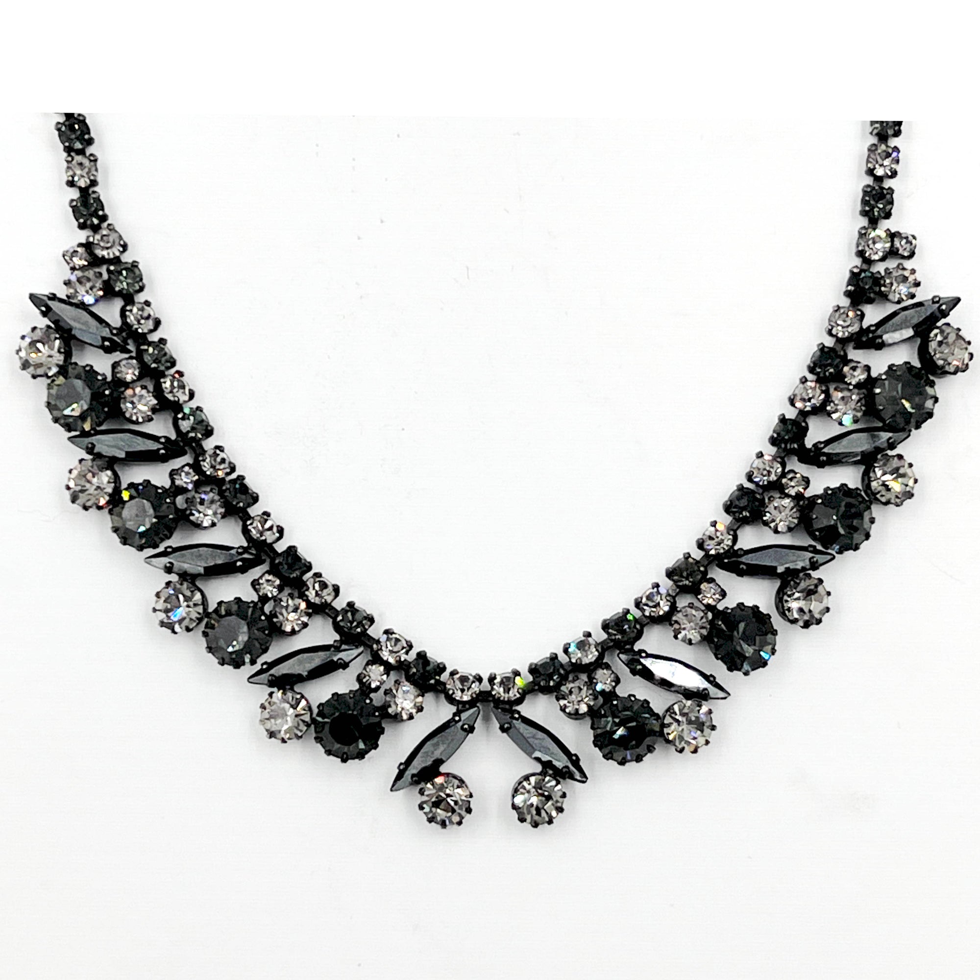 60s Vintage Sherman Rhinestone Necklace Black & Crystal 16”