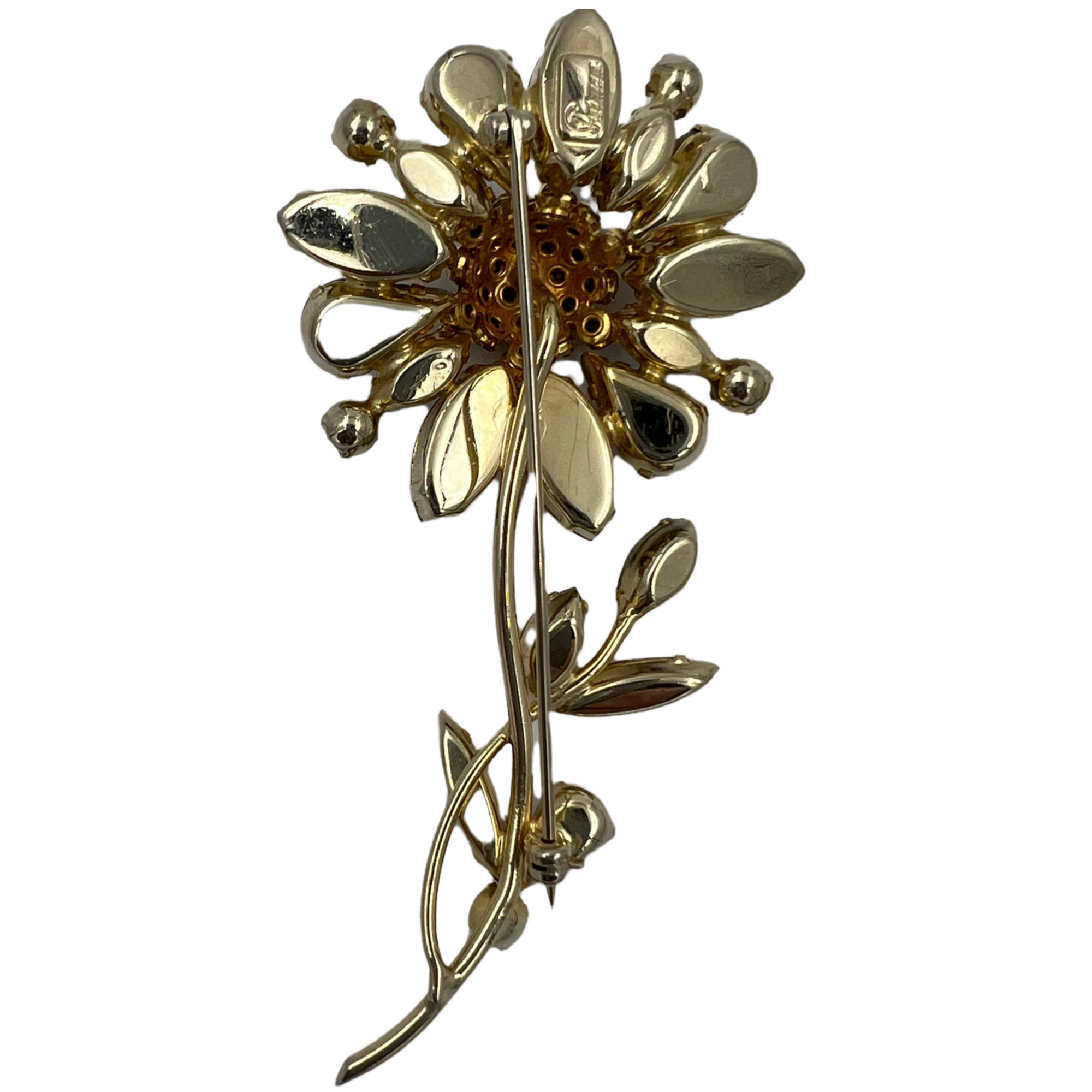 Vintage 60s Sherman Rhinestone Brooch Figural Flower Signed