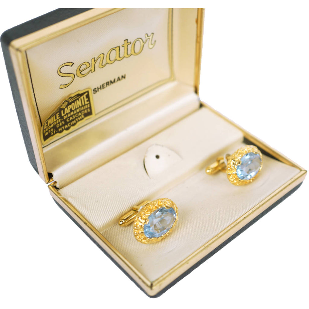 Vintage Sherman Senator Blue Rhinestone Cufflinks Gold Toned - Poppy's Vintage Clothing