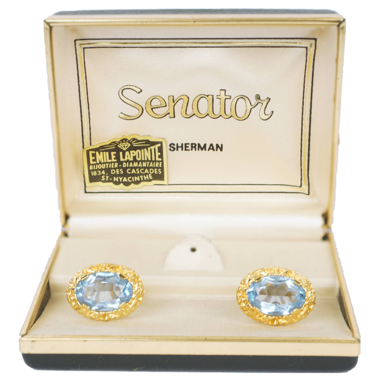 Vintage Sherman Senator Blue Rhinestone Cufflinks Gold Toned - Poppy's Vintage Clothing